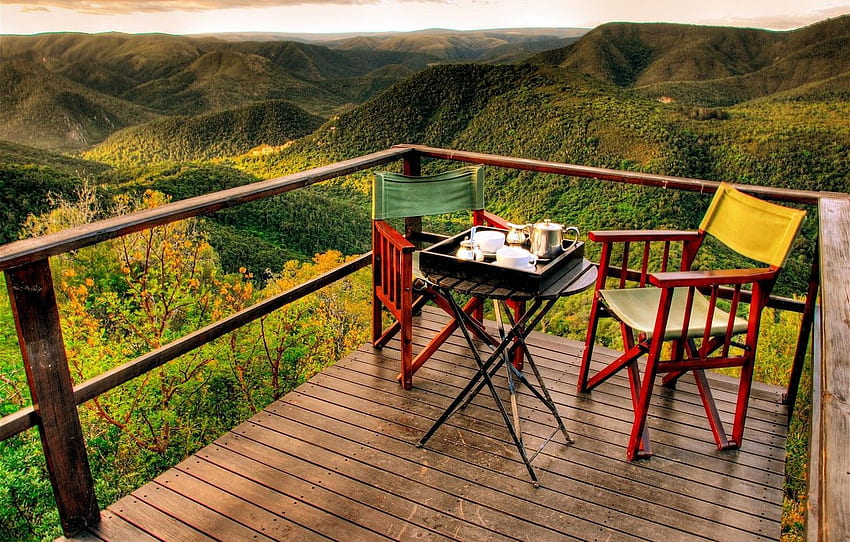 panorama, montagnes, vue, matin, romantique, tôt, thé, aventures, balcon, petit-déjeuner pour , section Ð½Ð°ÑÑÑÐ¾ÐµÐ½Ð¸Ñ - Fond d'écran HD